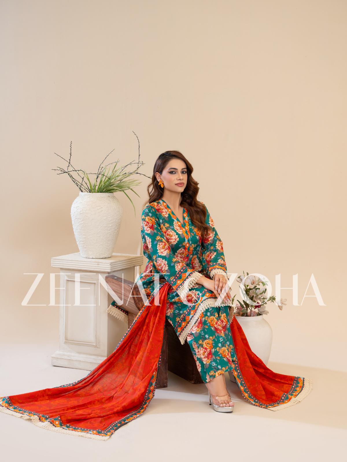 Mehr (3-peice) Stitched with Contrast Dupatta