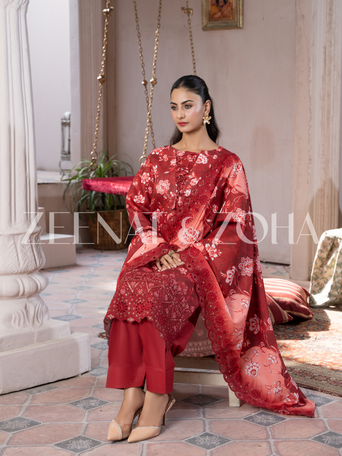 Mahira (3-peice) Stitched ,Cutwork & Embroidered with Farshi Shalwar