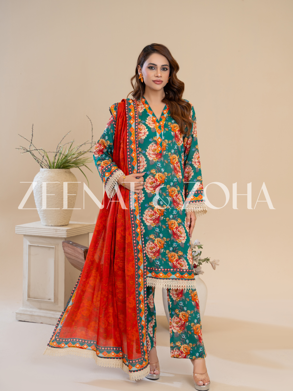Mehr (3-peice) Stitched with Contrast Dupatta