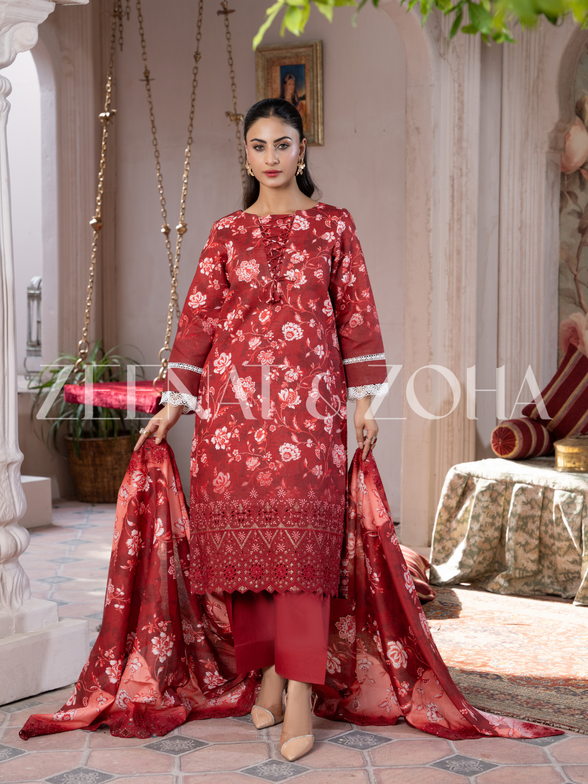 Mahira (3-peice) Stitched ,Cutwork & Embroidered with Farshi Shalwar
