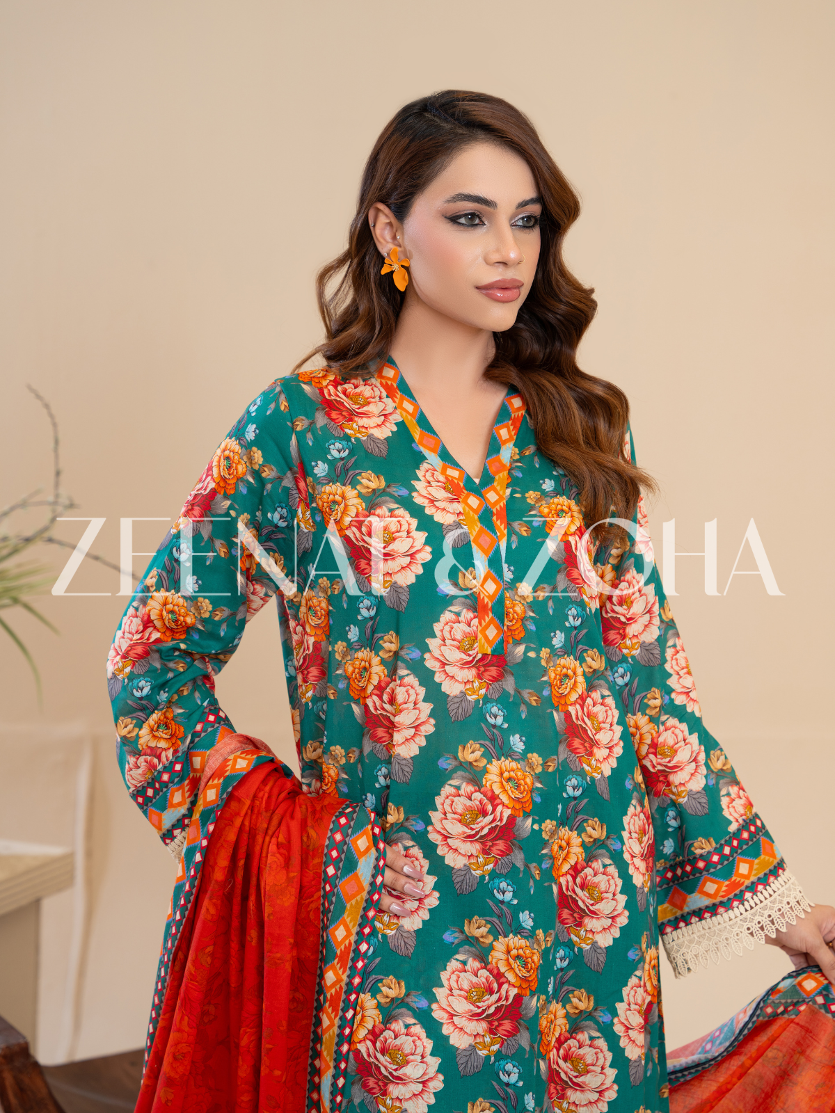Mehr (3-peice) Stitched with Contrast Dupatta