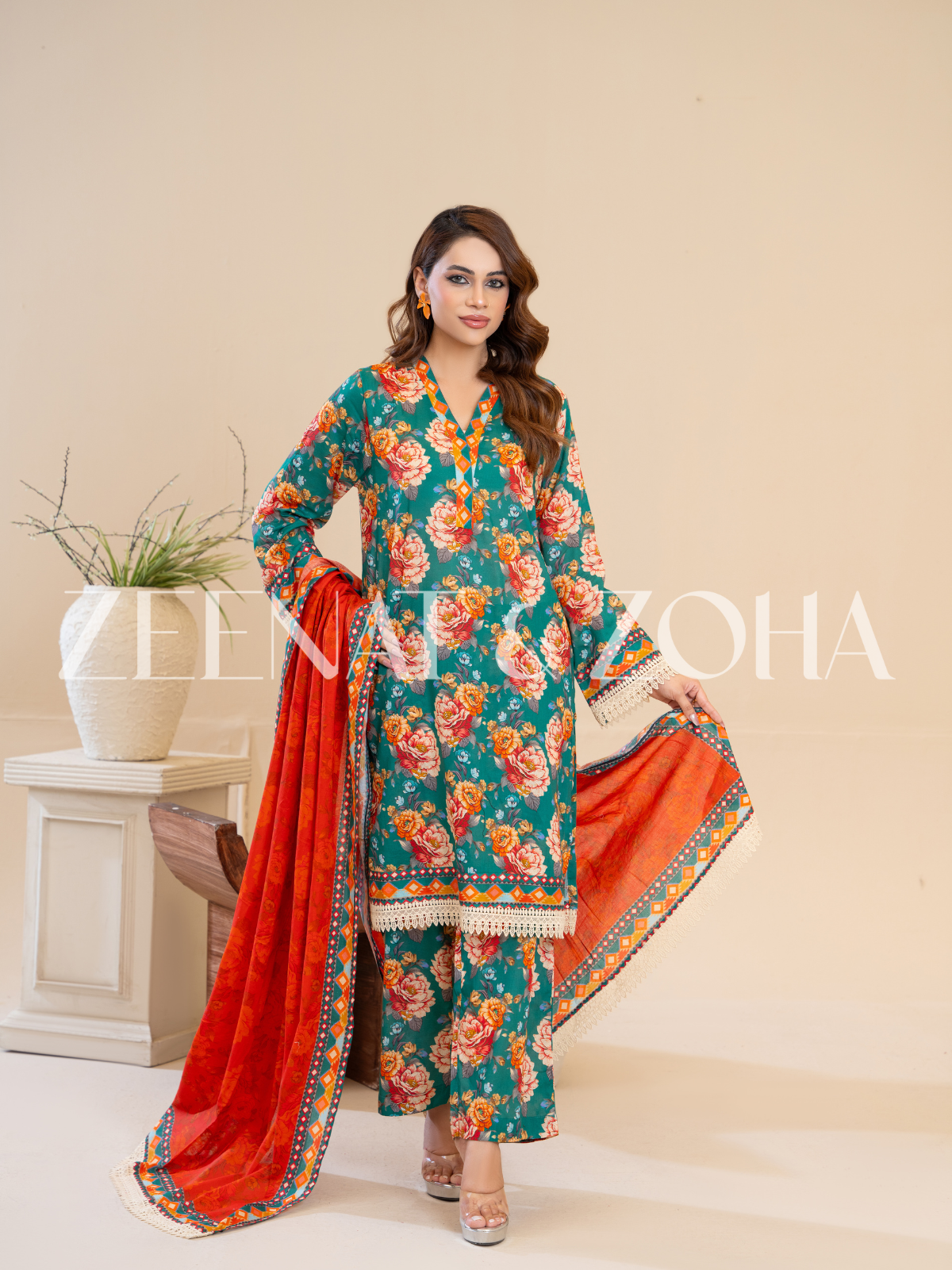 Mehr (3-peice) Stitched with Contrast Dupatta